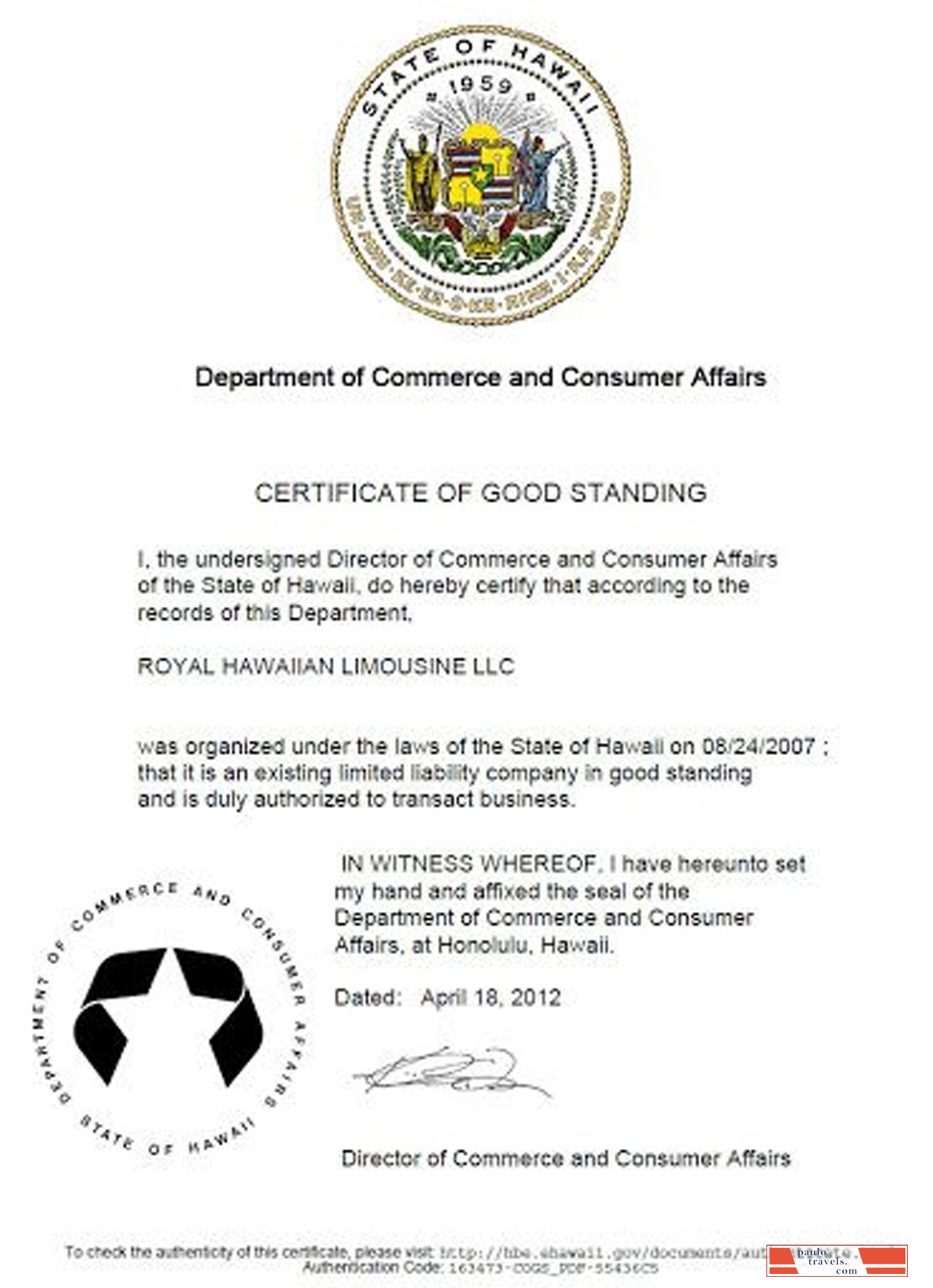 USA Hawaii certificate of good standing